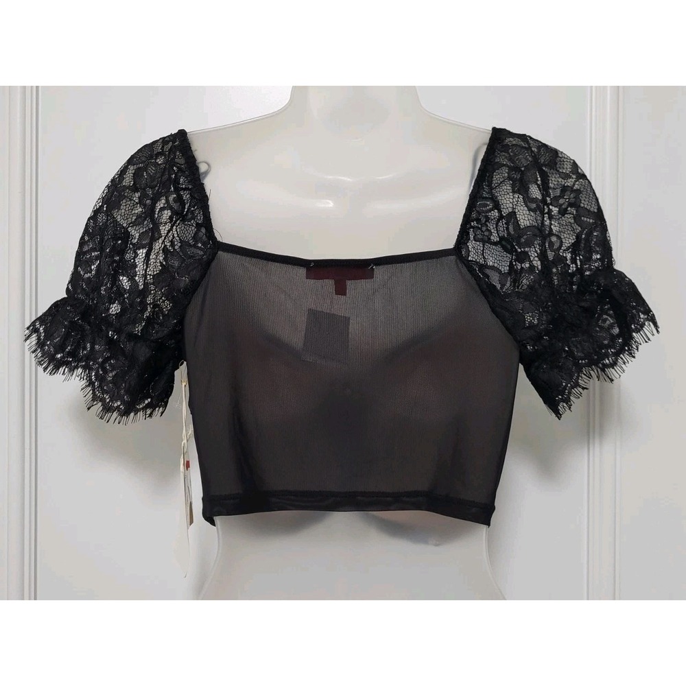 New Black Tan Stretch Lace Grunge Whimsigoth Puff Sleeve Corset Crop Top Sz S - Picture 3 of 7